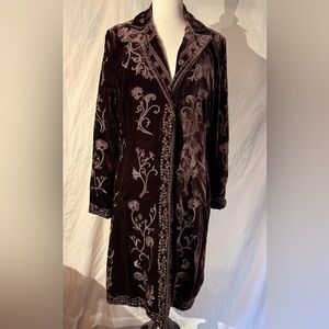 Elegant Embroidered Velvet Coat in rich Chocolate size medium